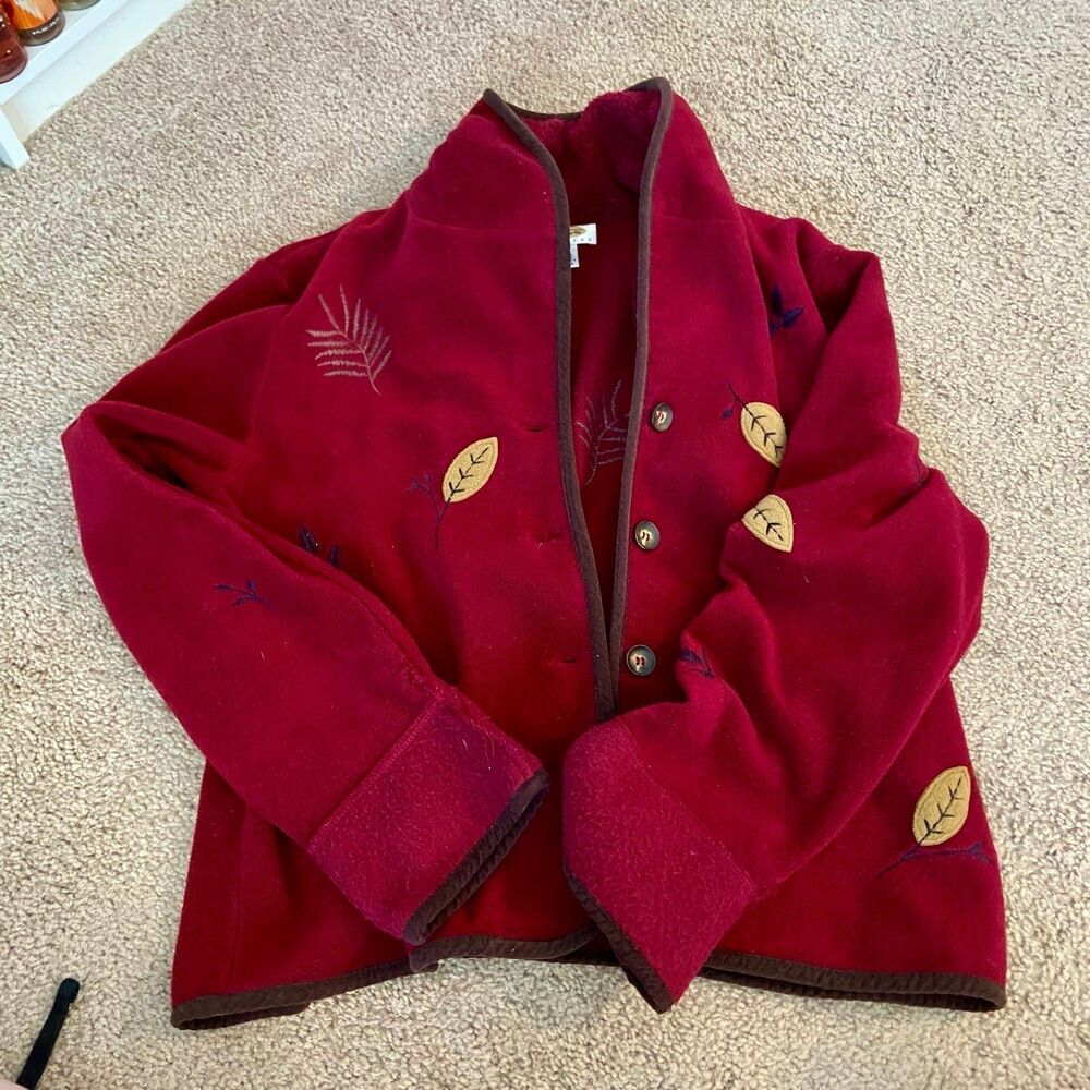 Talbots Embroidered Red Fall Leaves Button Down Coat